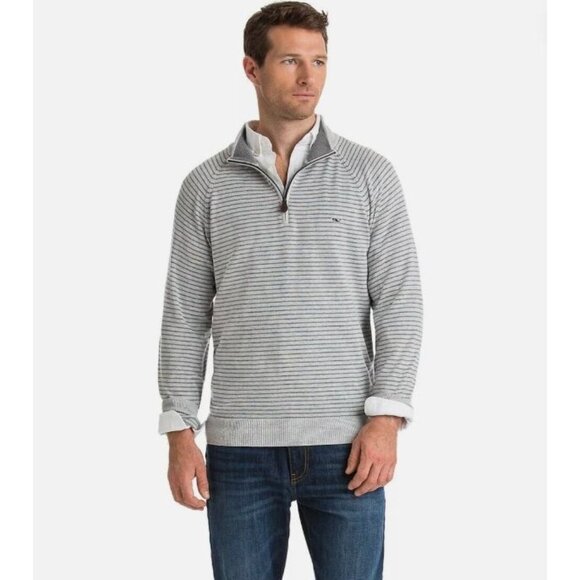 Vineyard Vines Sweater 1/4 Zip Gray Striped Size Medium Preppy 100% Cotton Logo - Picture 1 of 10